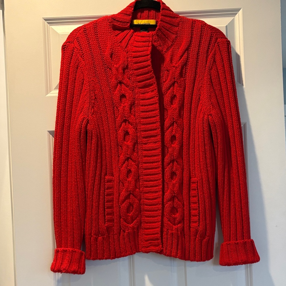 St. John Vibrant Red Cable Knit Cardigan